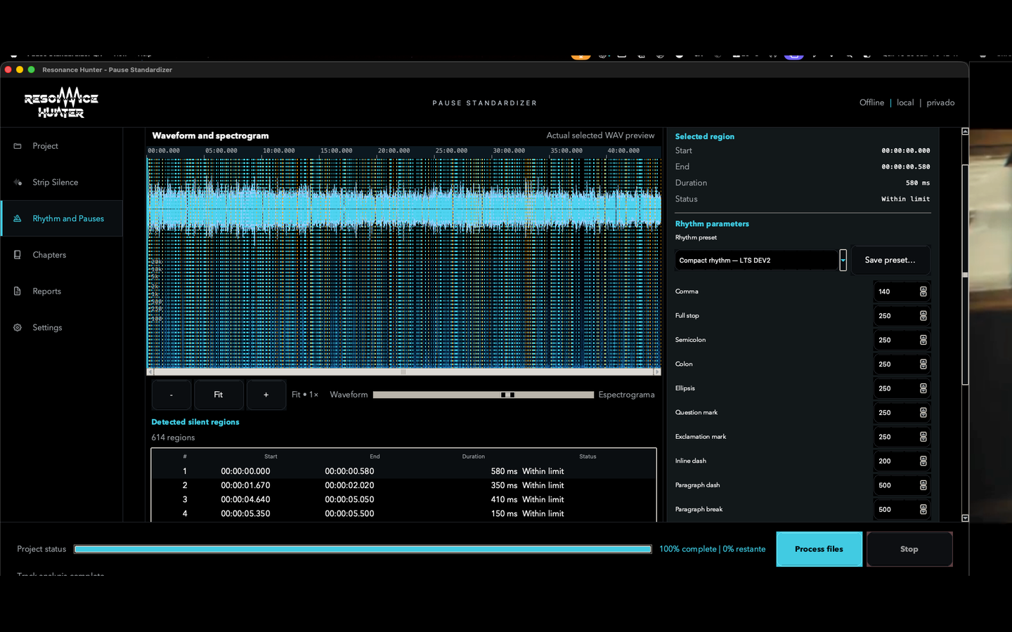 Interface real do Padronizador de Pausas com waveform, espectrograma e parâmetros de ritmo