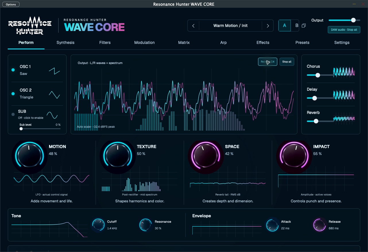 Captura da interface nativa do Resonance Hunter WAVE CORE