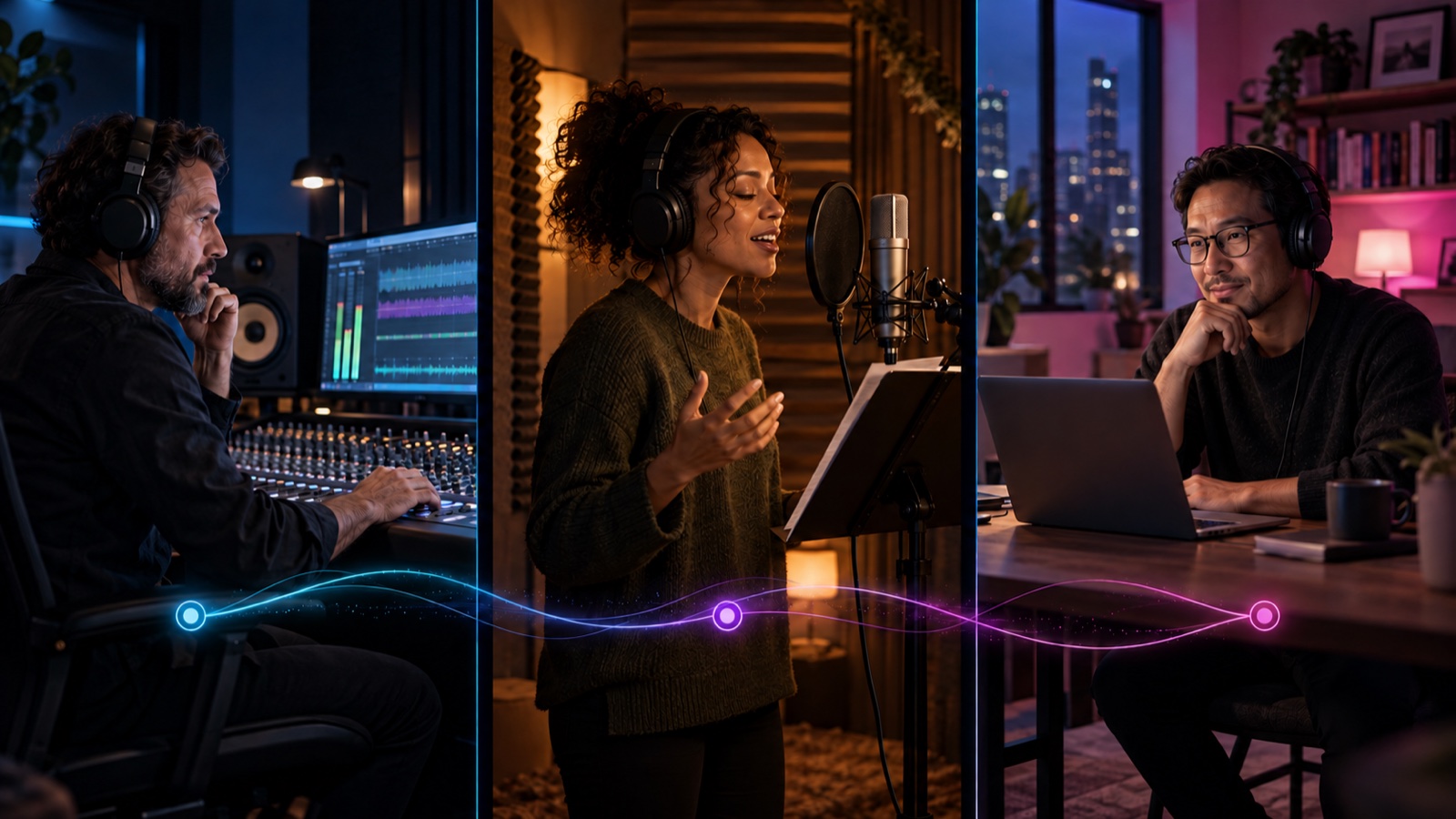 Illustration of an engineer, a voice actress and a director connected from three different locations