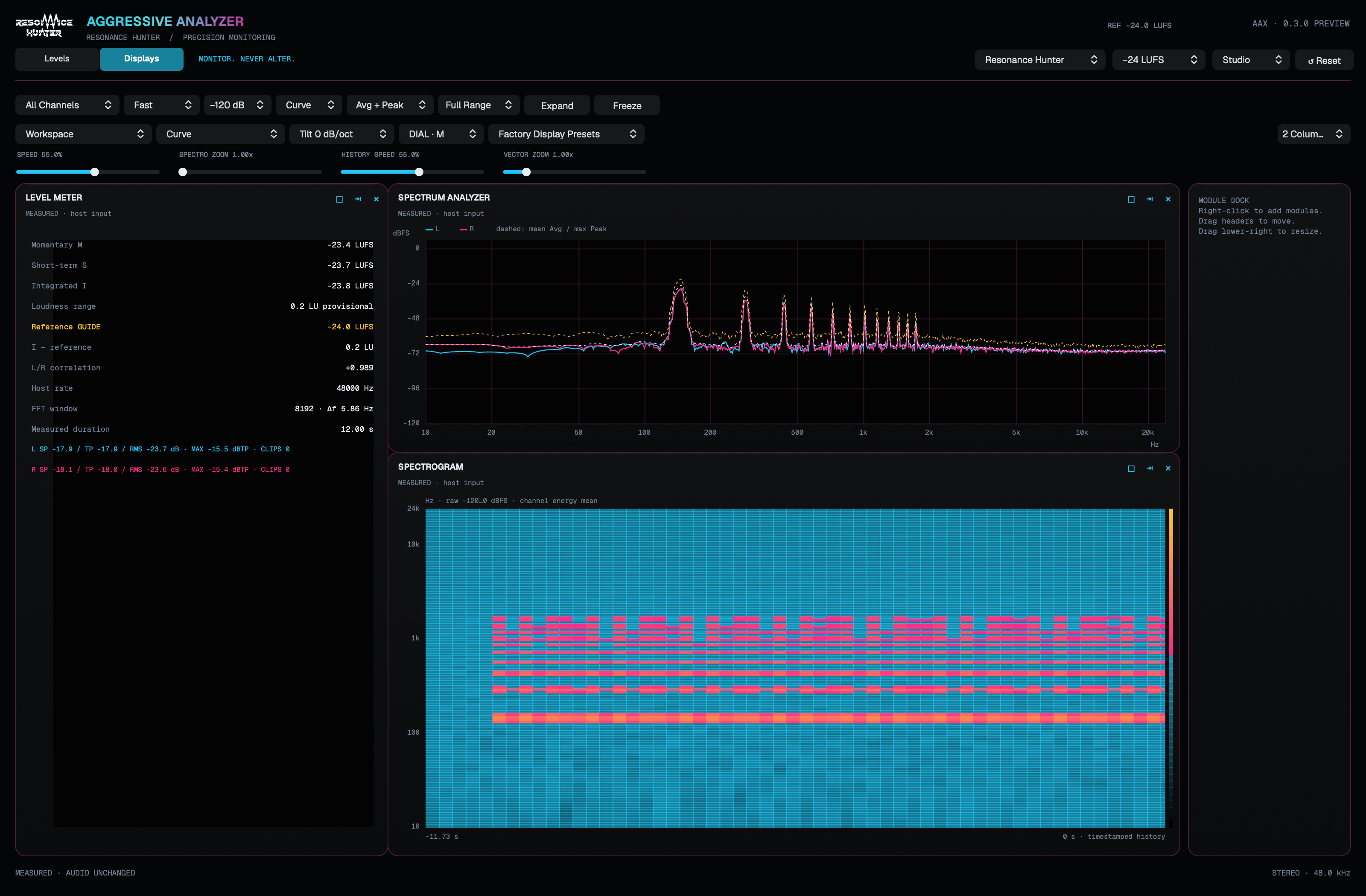 Native interface of Aggressive Analyzer, with synthetic audio