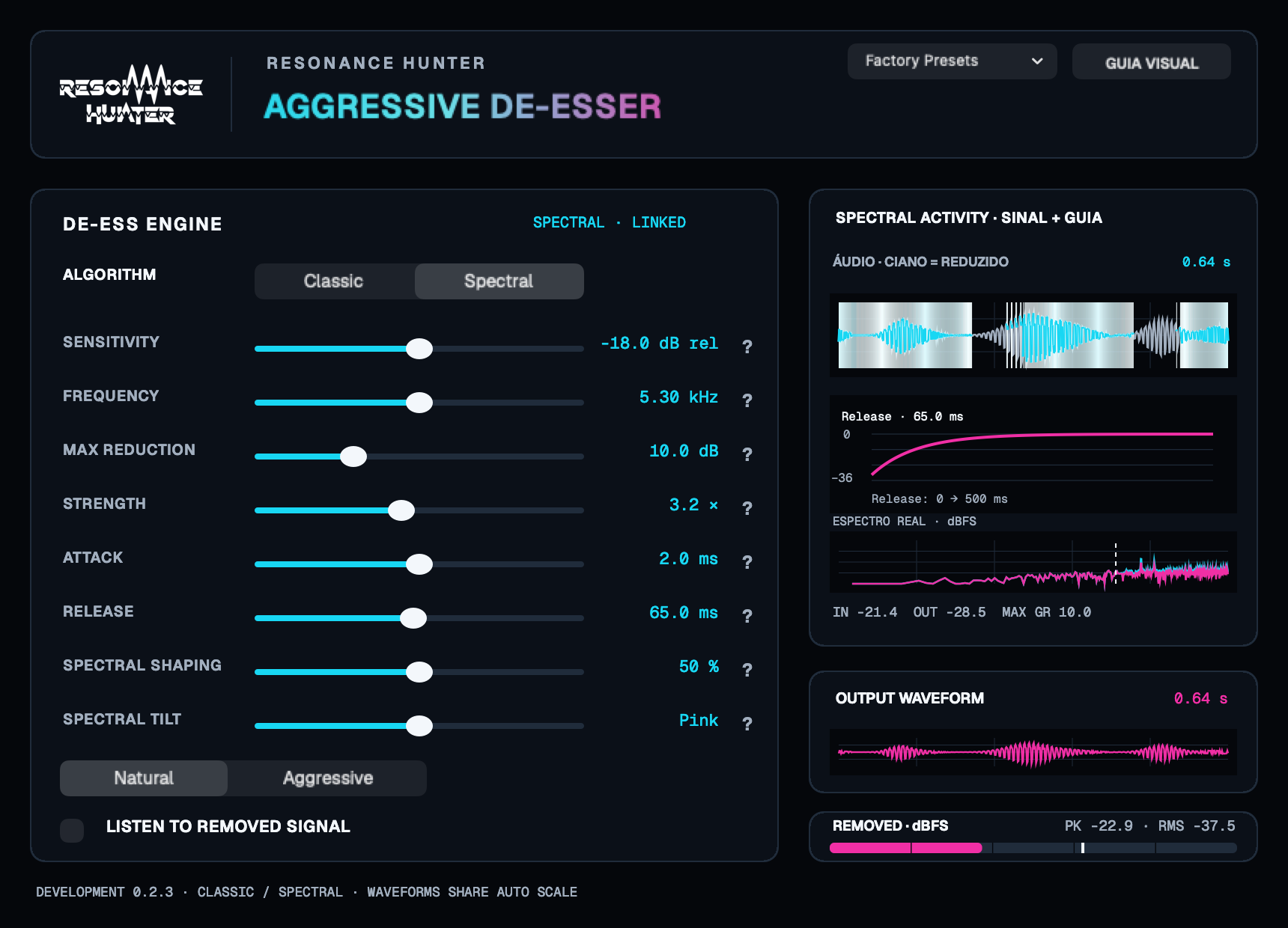 Native interface of Aggressive De Esser, with synthetic audio