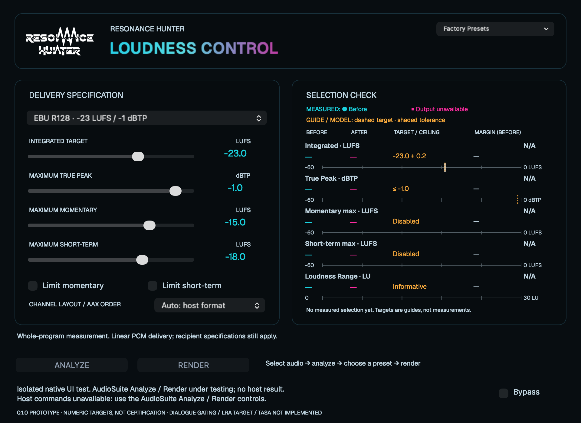Native interface of Loudness Control; controls under validation, no processing results