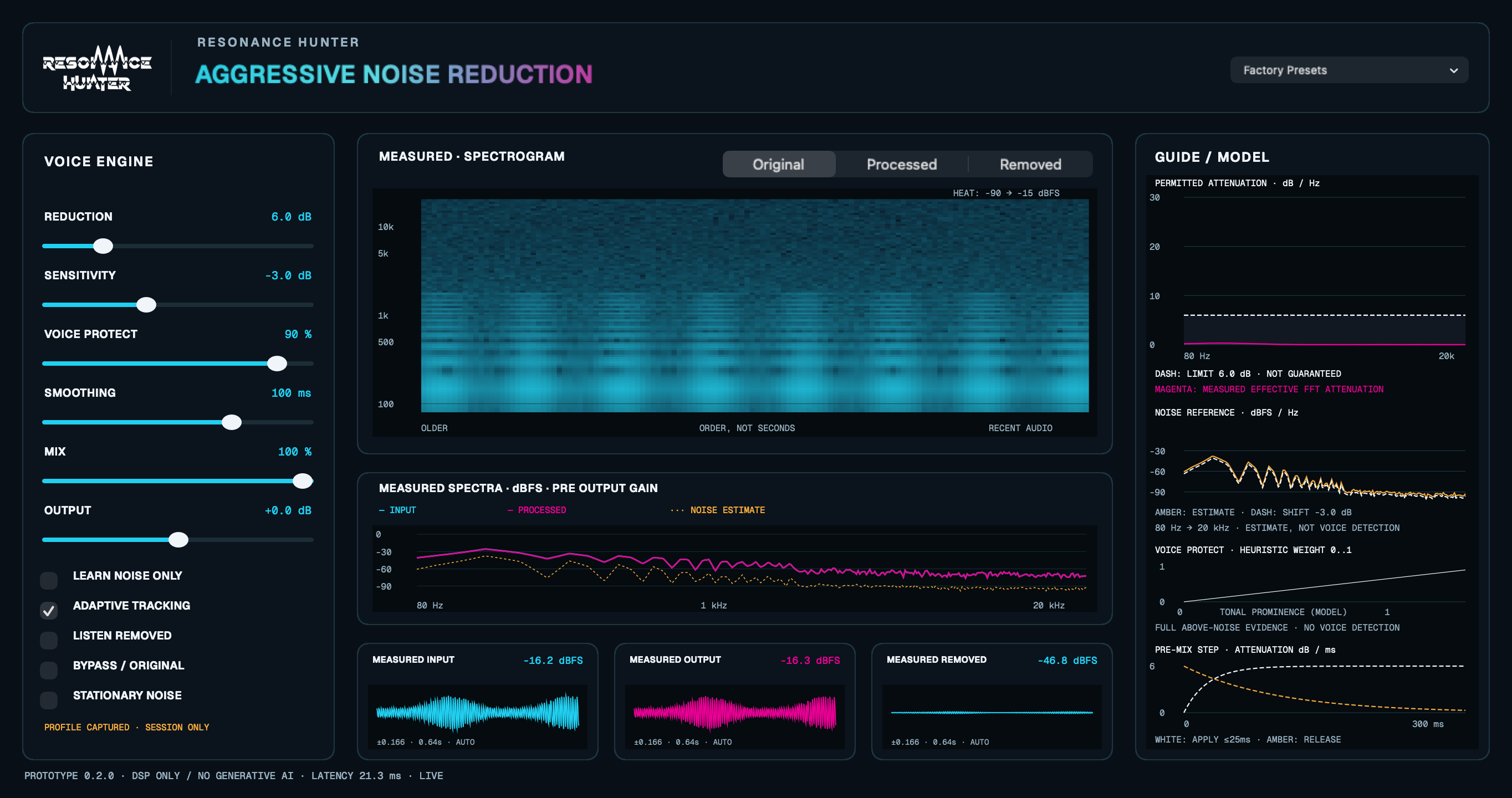 Native interface of Aggressive Noise Reduction, with synthetic audio